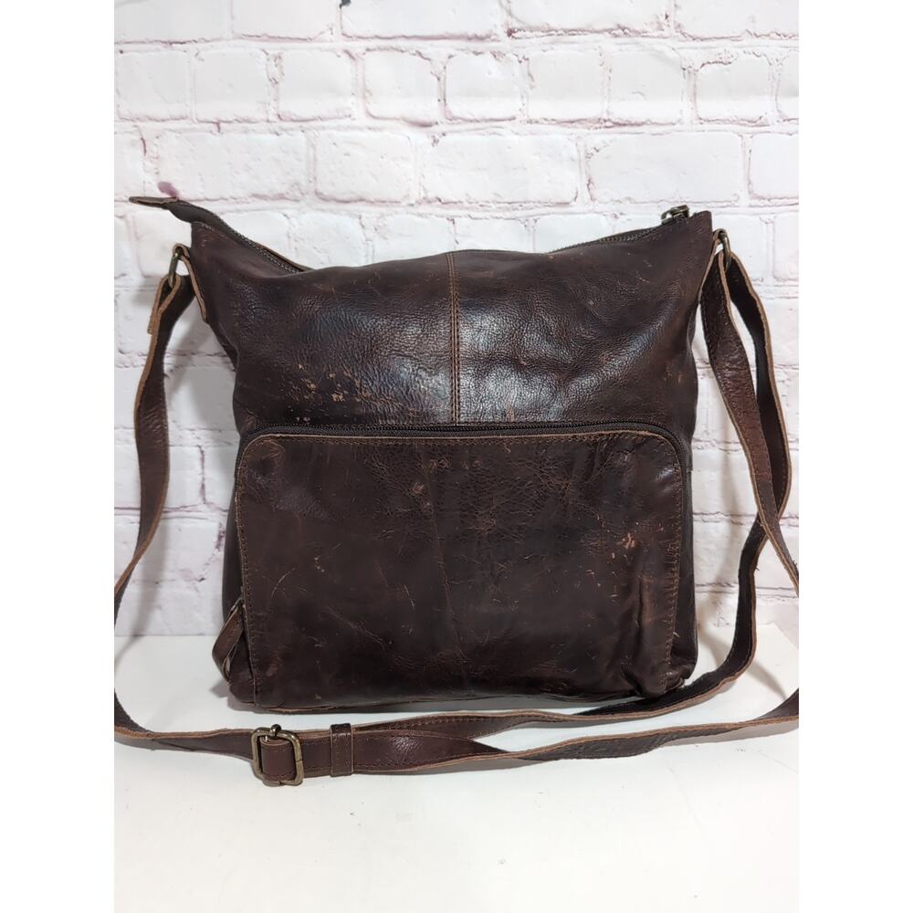 Mou Meraki RFID Blocking Genuine Brown Distressed Heavy Leather Crossbody Bag